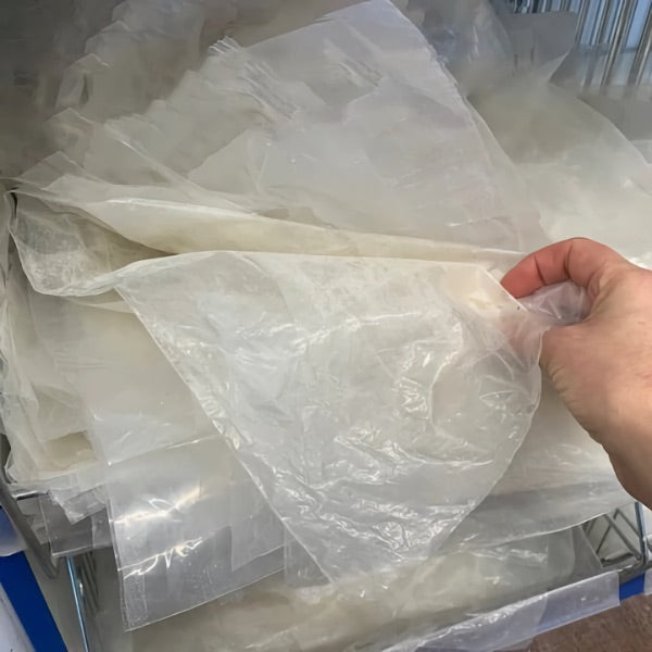 Plastic packaging bags cut & re-purposed
