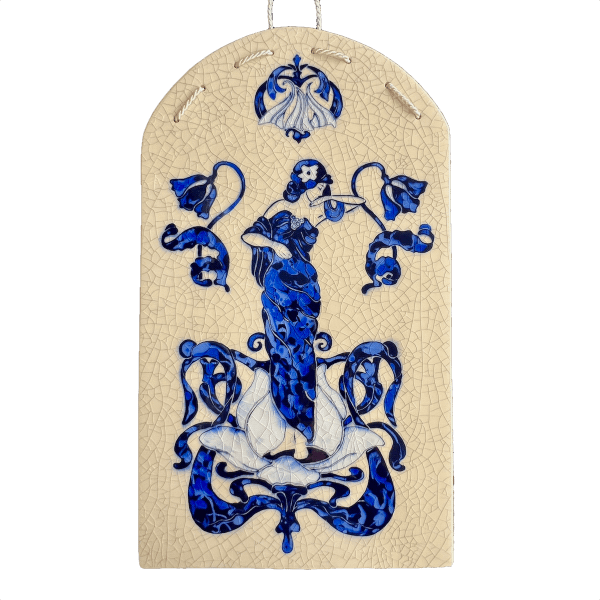 Decorative ceramic hand carved tile with blue Art Nouveau Lady surrounded by a floral design with a crackle glaze background.