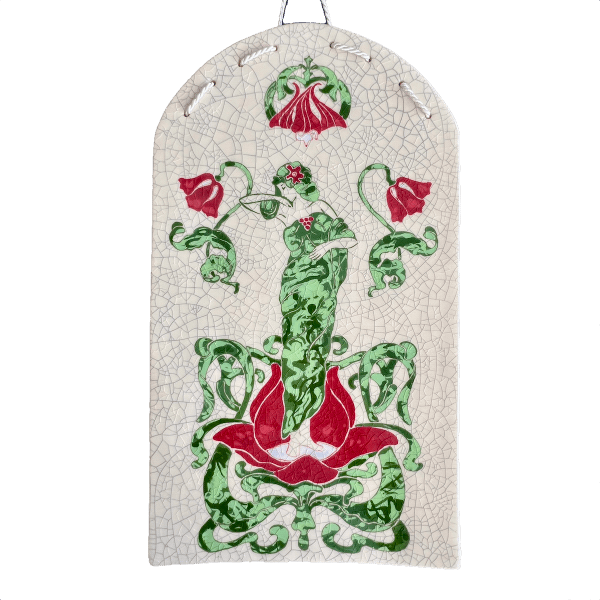 Decorative ceramic hand carved tile with green and red Art Nouveau Lady surrounded by a floral design with a crackle glaze background.