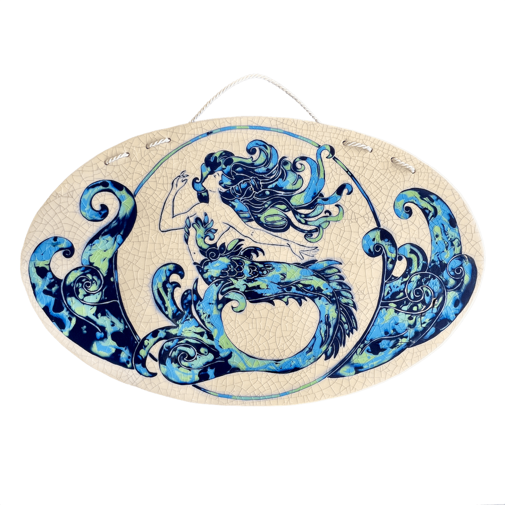 Decorative ceramic wall tile with Art Nouveau mermaid design on a crackle glaze background