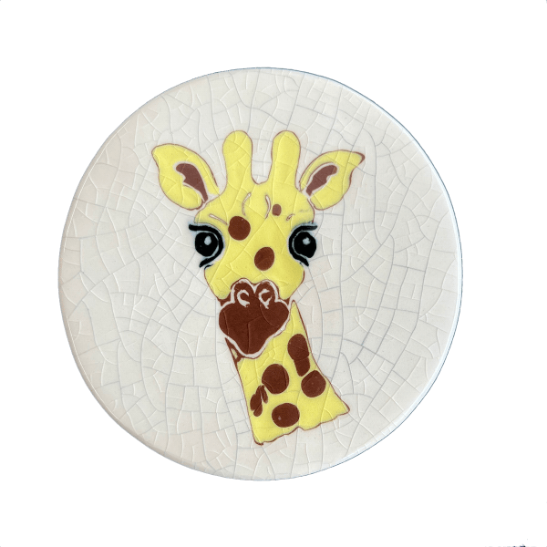 Round ceramic coaster with a giraffe design on a crackle glaze background