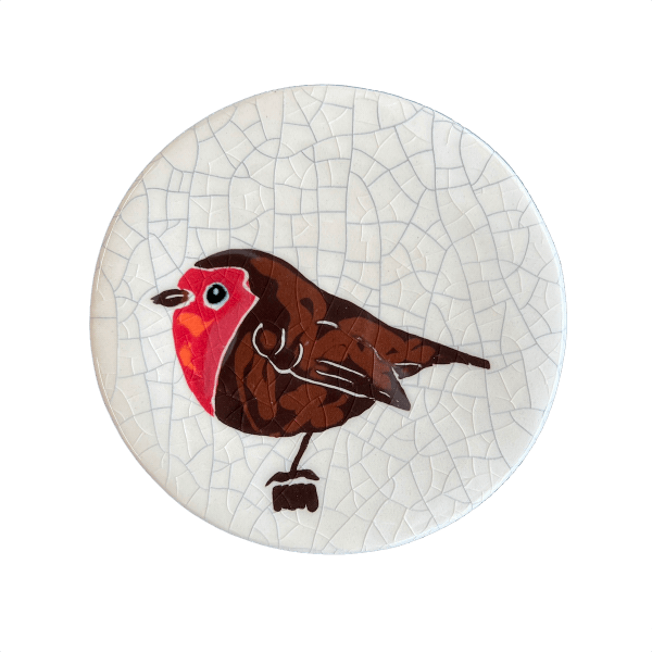 Round ceramic coaster with a robin design on a crackle glaze background