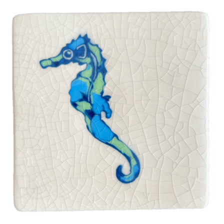 Square ceramic coaster with a turquoise seahorse design on a crackle glaze background