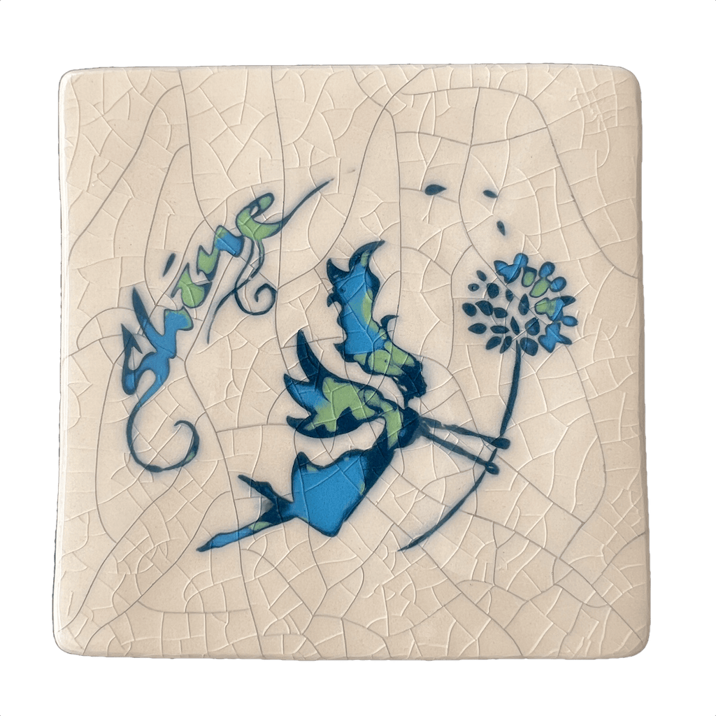 Square ceramic coaster with a fairy design on a crackle glaze beige background